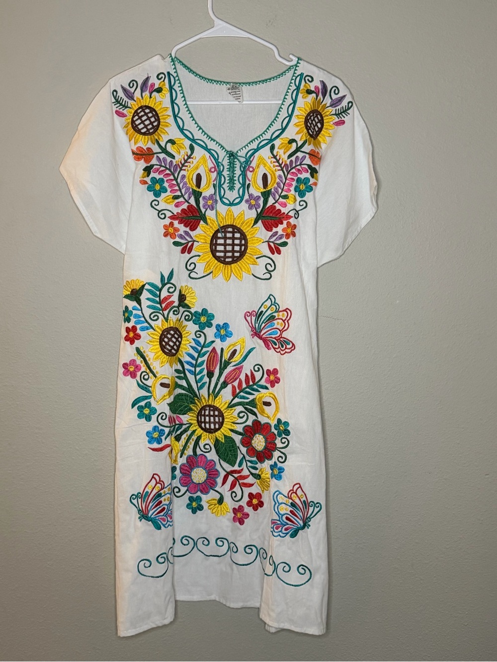 White Embroidered Floral Cotton Dress with Multicolor Accents from Mexico XL
